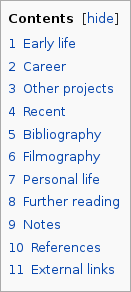 The table of contents on the Wikipedia page of John Irving