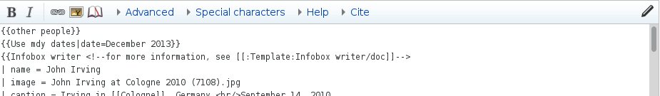 The source code of the "writer" template of the Wikipedia page of John Irving